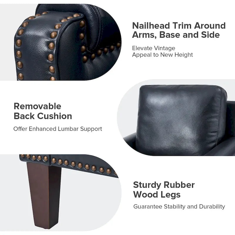Transitional Genuine Leather Armchair with Removable Cushion and Nailhead Trims