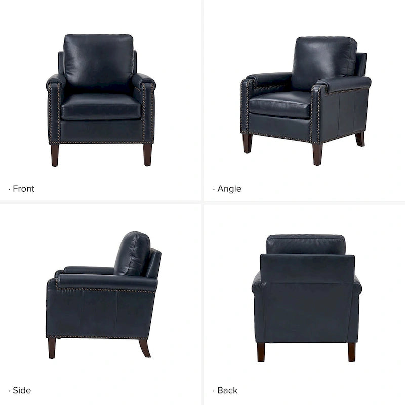 Transitional Genuine Leather Armchair with Removable Cushion and Nailhead Trims