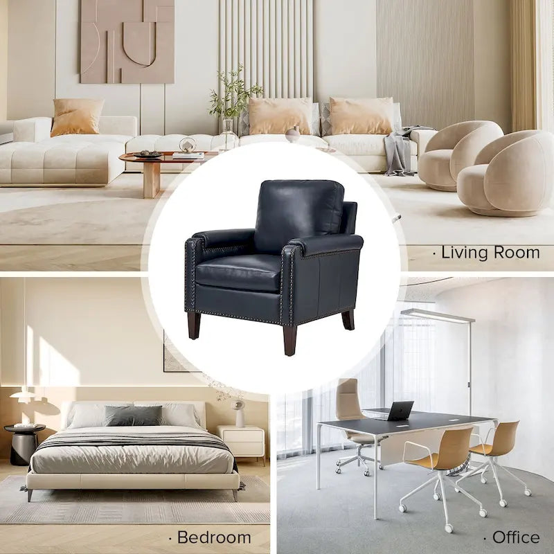 Transitional Genuine Leather Armchair with Removable Cushion and Nailhead Trims