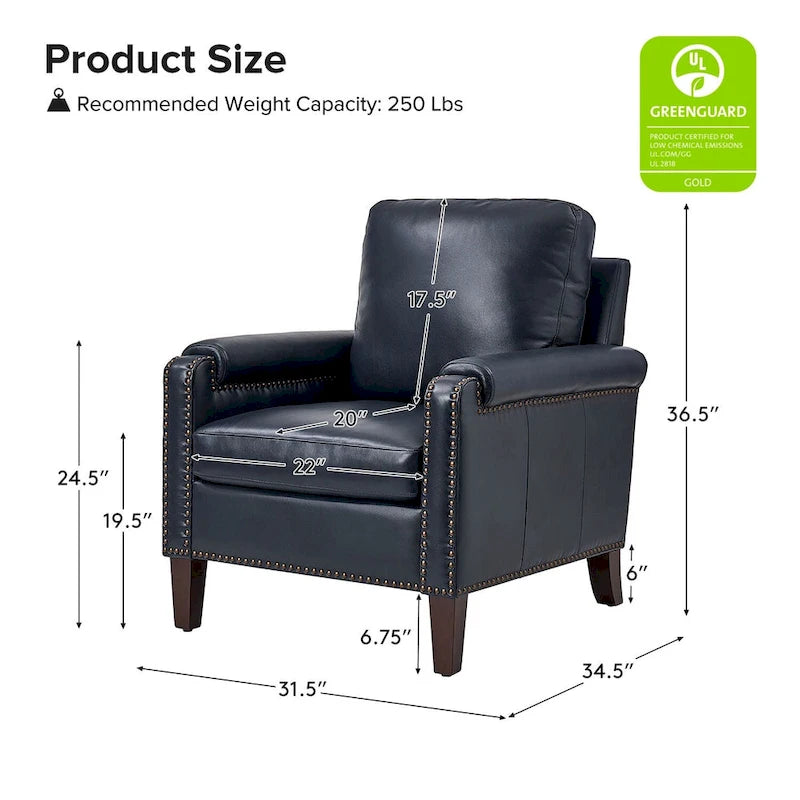 Transitional Genuine Leather Armchair with Removable Cushion and Nailhead Trims