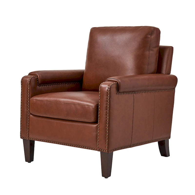 Transitional Genuine Leather Armchair with Removable Cushion and Nailhead Trims