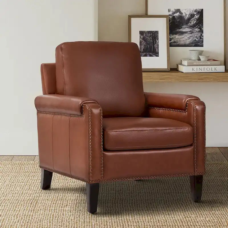 Transitional Genuine Leather Armchair with Removable Cushion and Nailhead Trims