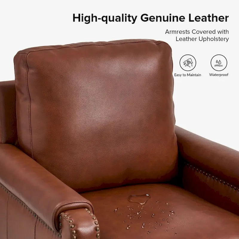 Transitional Genuine Leather Armchair with Removable Cushion and Nailhead Trims