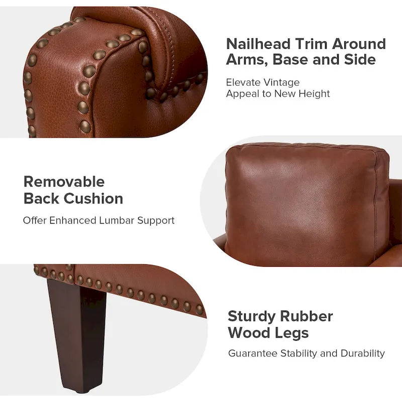 Transitional Genuine Leather Armchair with Removable Cushion and Nailhead Trims