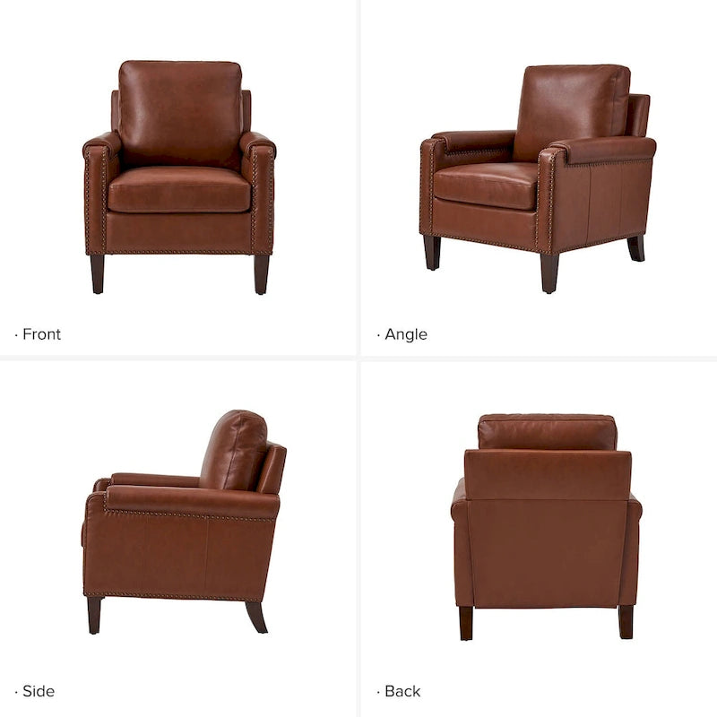 Transitional Genuine Leather Armchair with Removable Cushion and Nailhead Trims