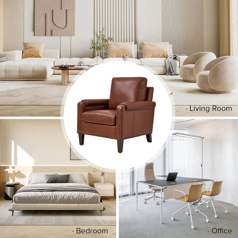 Transitional Genuine Leather Armchair with Removable Cushion and Nailhead Trims