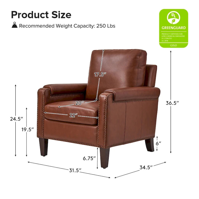 Transitional Genuine Leather Armchair with Removable Cushion and Nailhead Trims