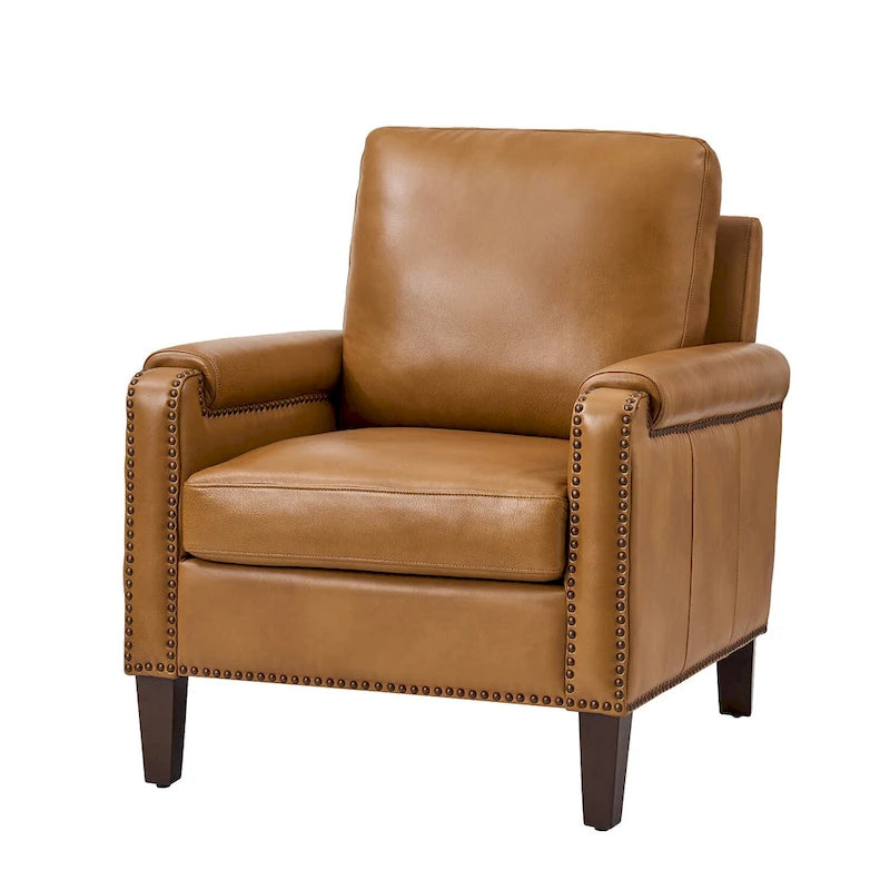 Transitional Genuine Leather Armchair with Removable Cushion and Nailhead Trims