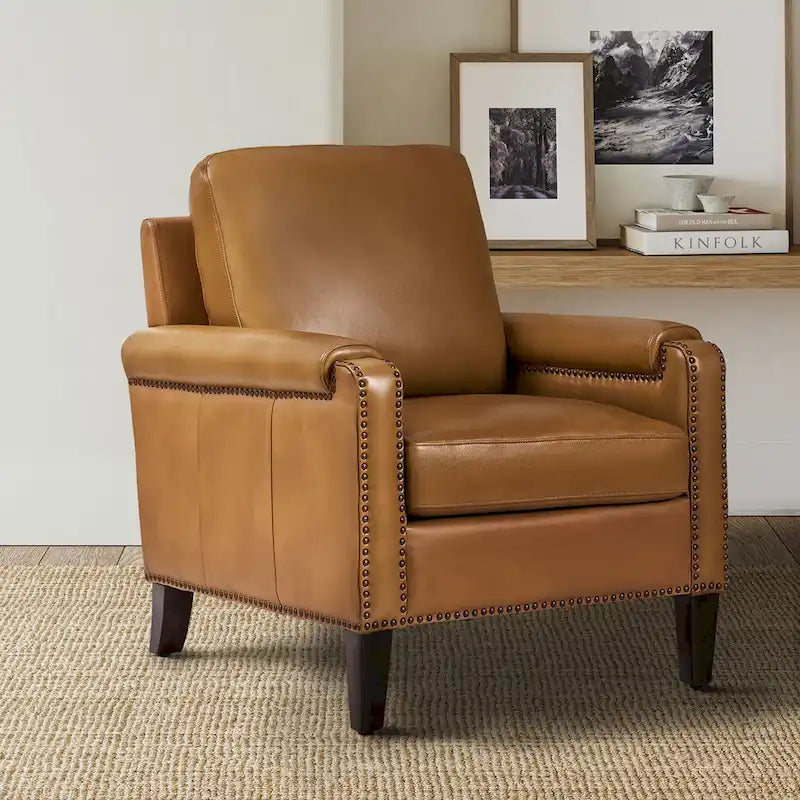 Transitional Genuine Leather Armchair with Removable Cushion and Nailhead Trims