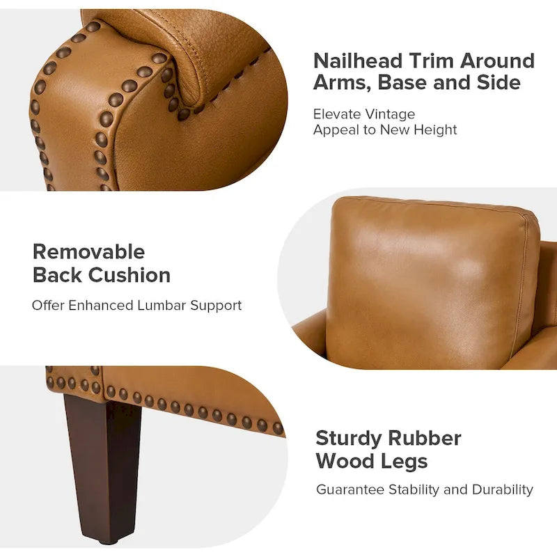 Transitional Genuine Leather Armchair with Removable Cushion and Nailhead Trims