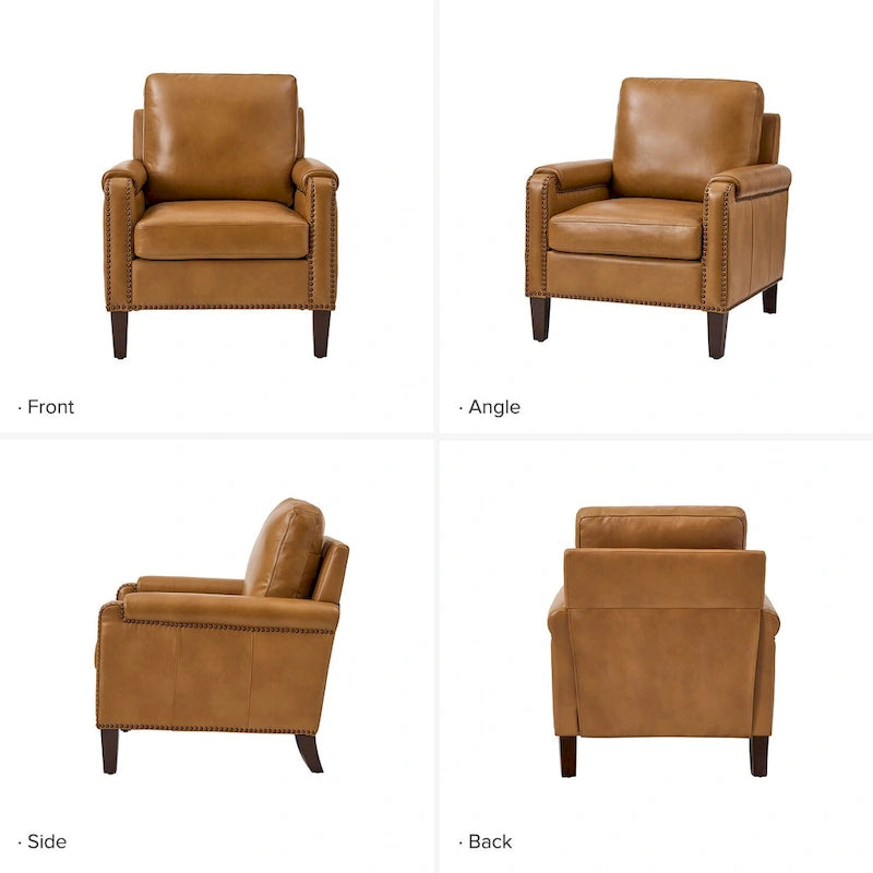 Transitional Genuine Leather Armchair with Removable Cushion and Nailhead Trims