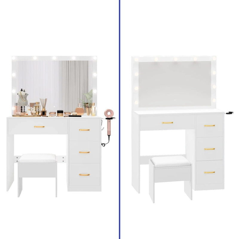 35.4" Mirror Makeup Vanity Table with Stool and Light Bulb