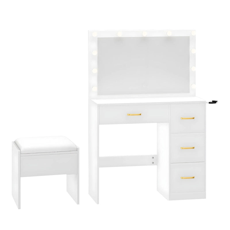 35.4" Mirror Makeup Vanity Table with Stool and Light Bulb