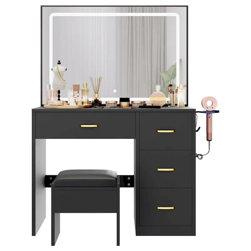 Vanity Desk with Light Strip Mirror, Drawers & Power Outlets - 35.4L x 15.7W x 53.5H