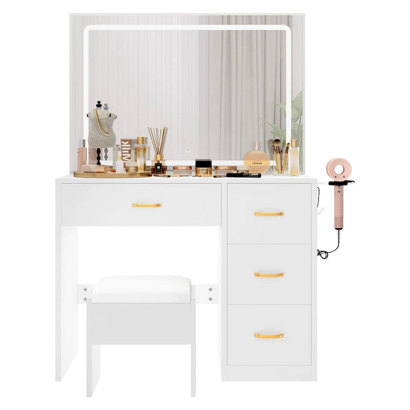 Vanity Desk with Light Strip Mirror, Drawers & Power Outlets - 35.4L x 15.7W x 53.5H