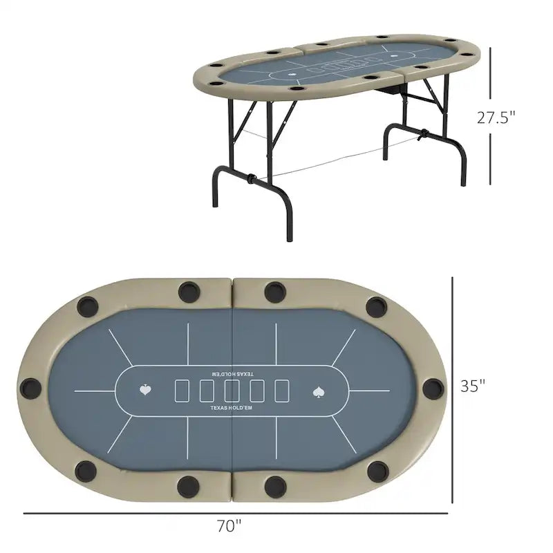 Poker Table Foldable, 70" Oval Blackjack Casino Texas Hold'em Game Table for 10 Players