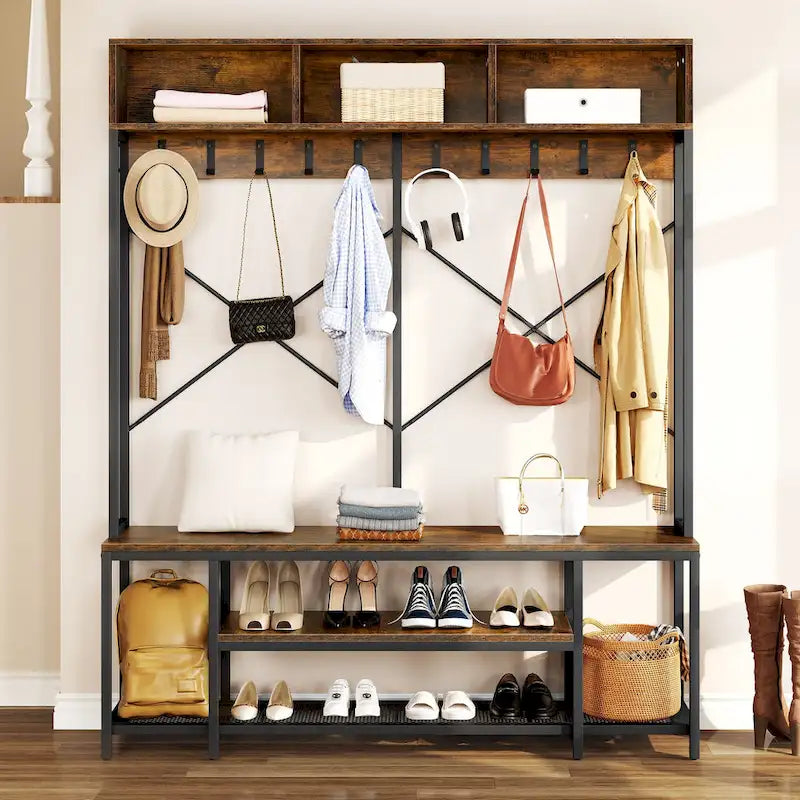 Industrial Entryway Bench with Coat Rack and Shoe Storage