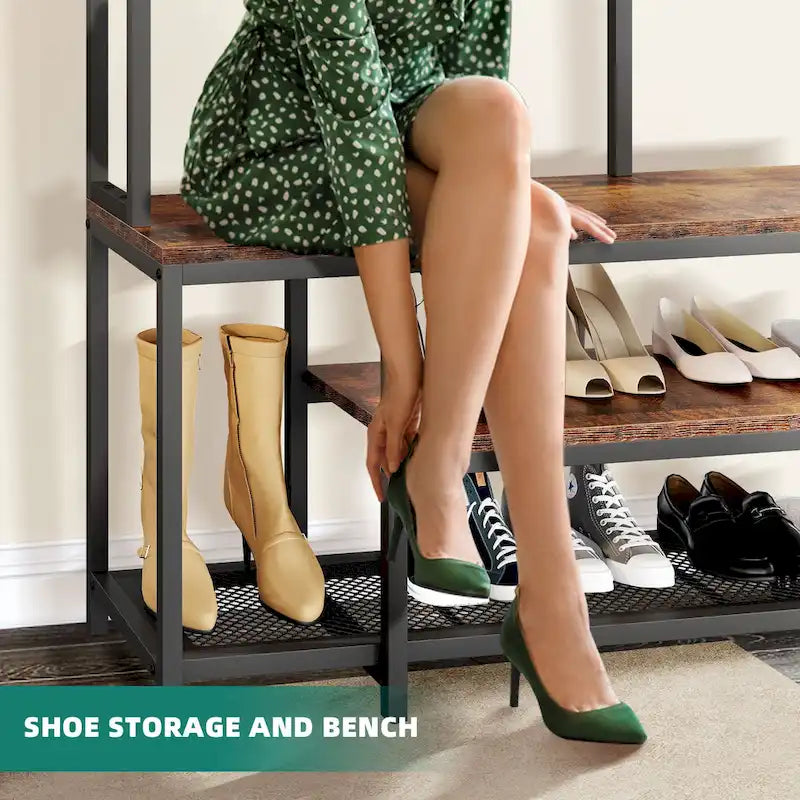 Industrial Entryway Bench with Coat Rack and Shoe Storage