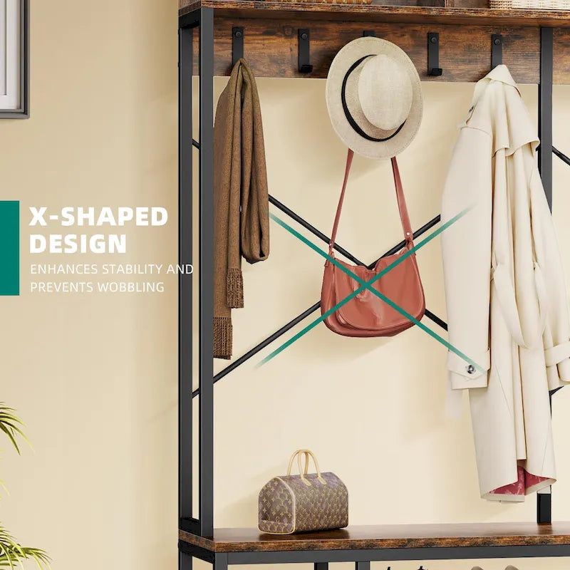 Industrial Entryway Bench with Coat Rack and Shoe Storage