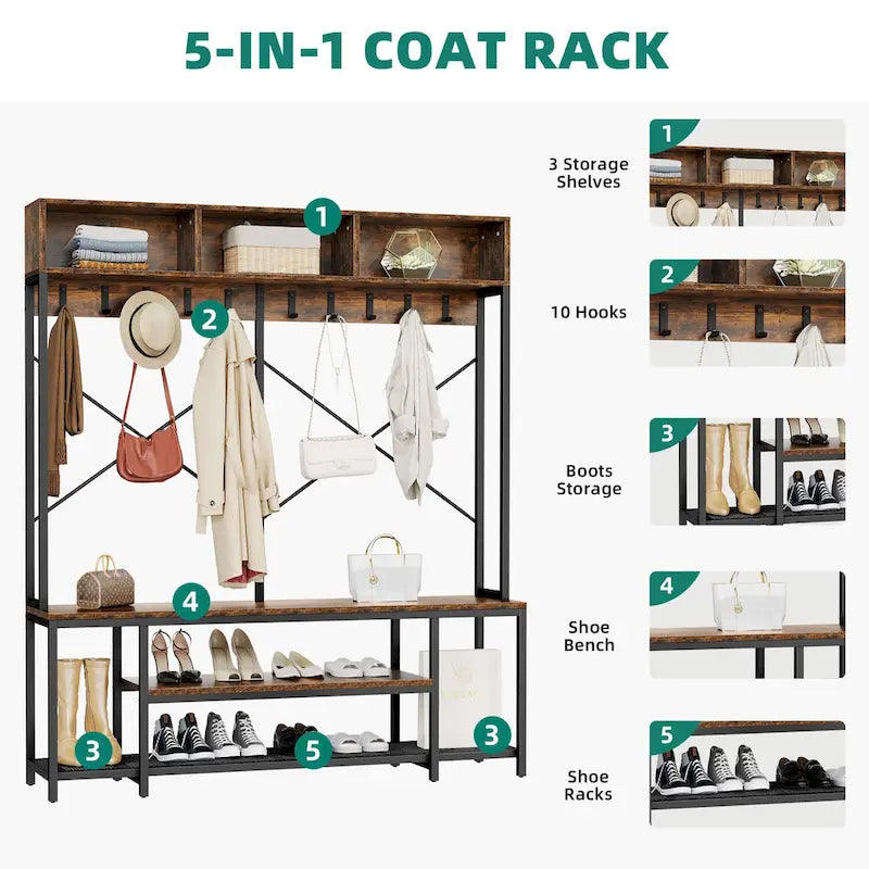 Industrial Entryway Bench with Coat Rack and Shoe Storage