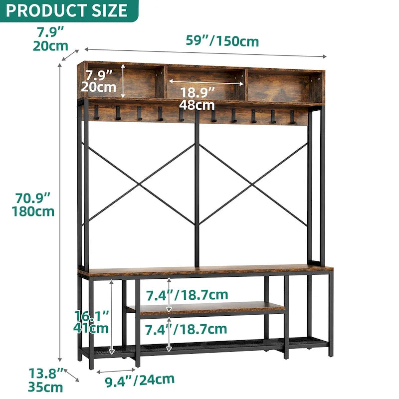 Industrial Entryway Bench with Coat Rack and Shoe Storage