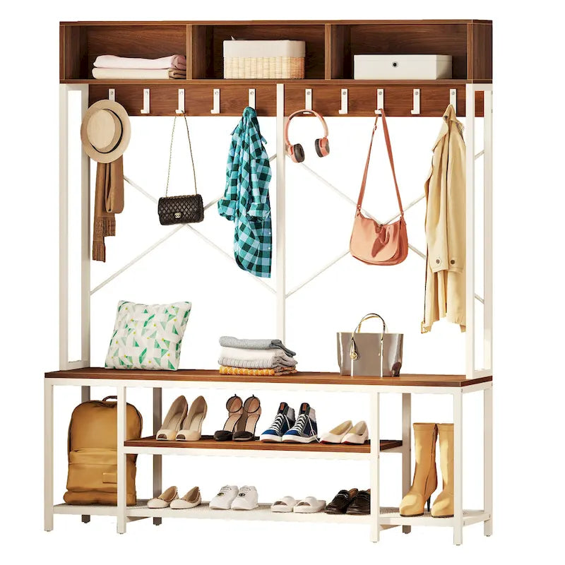 Industrial Entryway Bench with Coat Rack and Shoe Storage