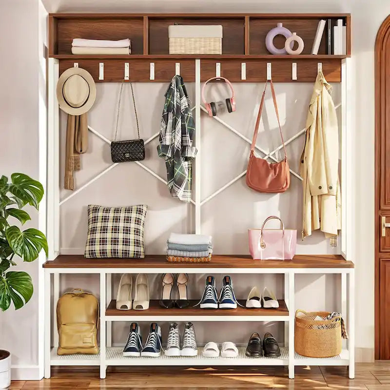 Industrial Entryway Bench with Coat Rack and Shoe Storage