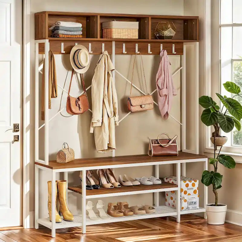 Industrial Entryway Bench with Coat Rack and Shoe Storage