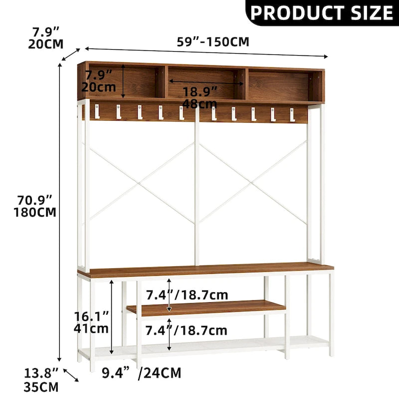 Industrial Entryway Bench with Coat Rack and Shoe Storage