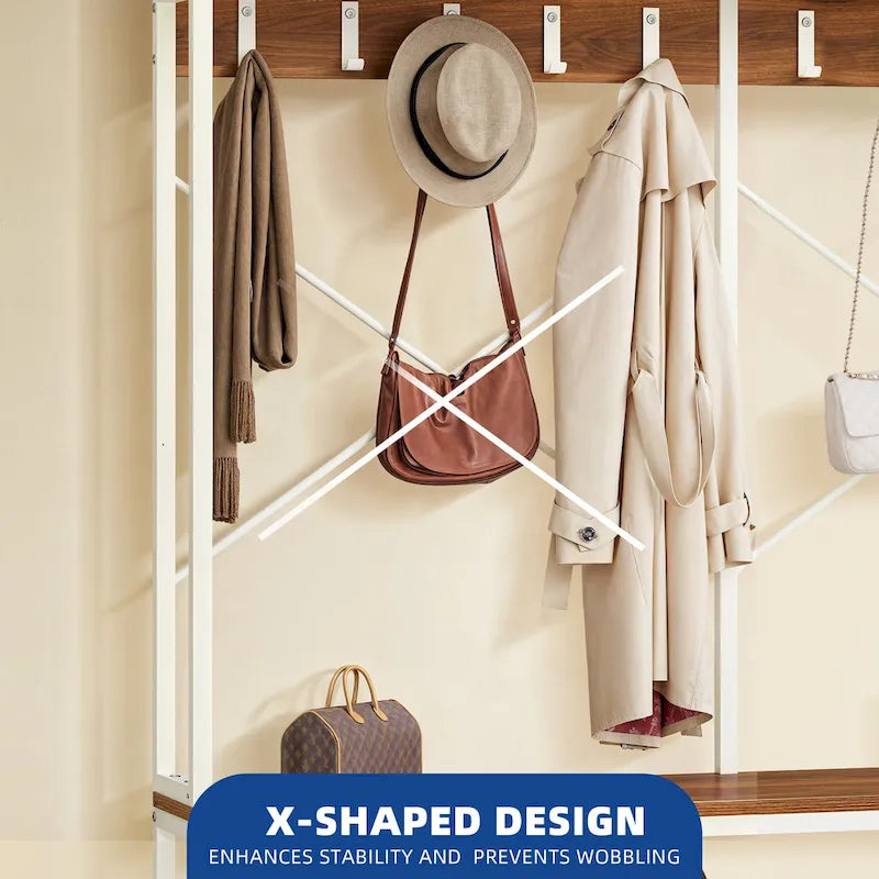 Industrial Entryway Bench with Coat Rack and Shoe Storage