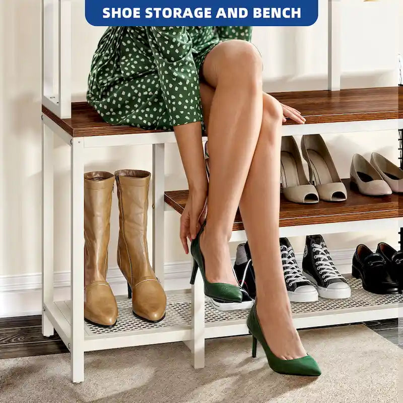 Industrial Entryway Bench with Coat Rack and Shoe Storage