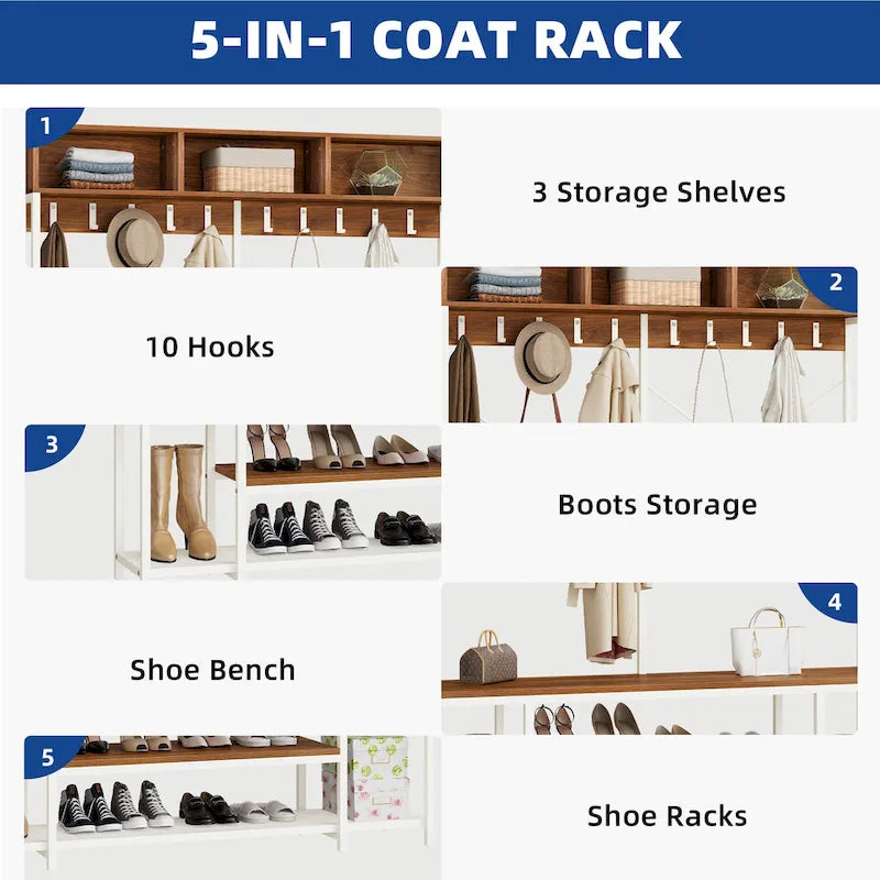 Industrial Entryway Bench with Coat Rack and Shoe Storage