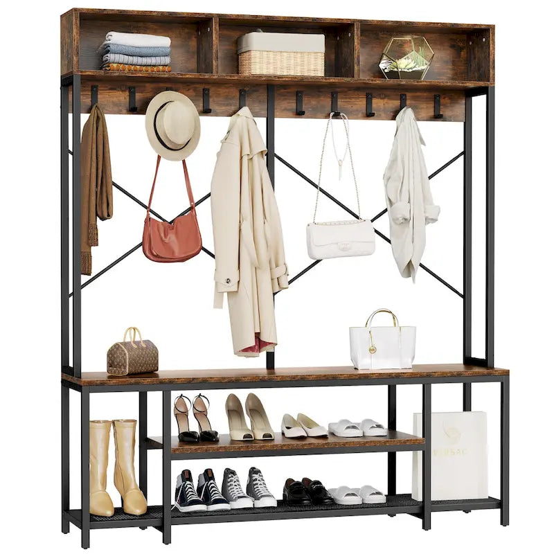 Industrial Entryway Bench with Coat Rack and Shoe Storage