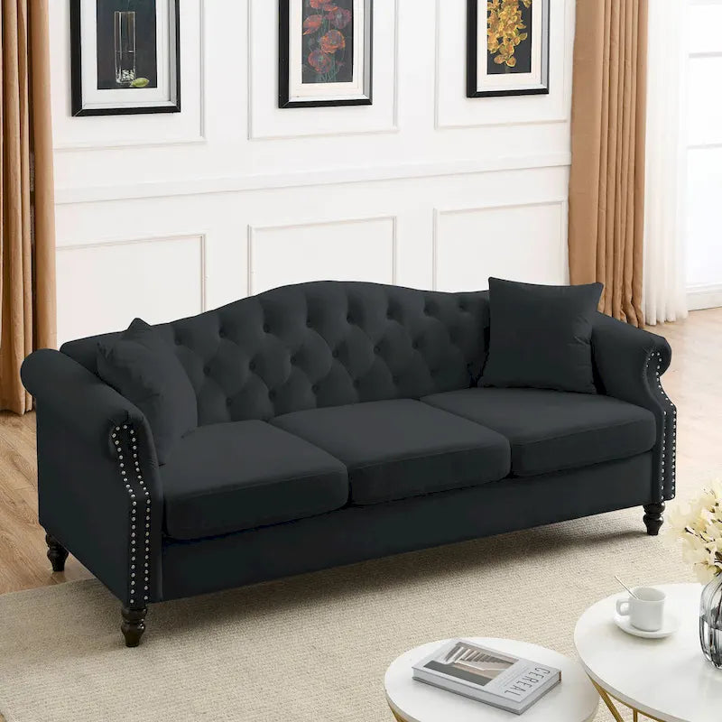 Black Velvet Sofa for Living Room, 3-Seater Tufted Couch with Rolled Arms and Nailhead Trim