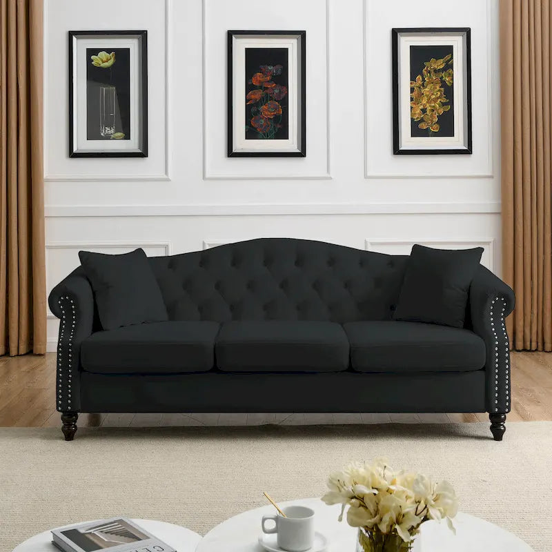 Black Velvet Sofa for Living Room, 3-Seater Tufted Couch with Rolled Arms and Nailhead Trim