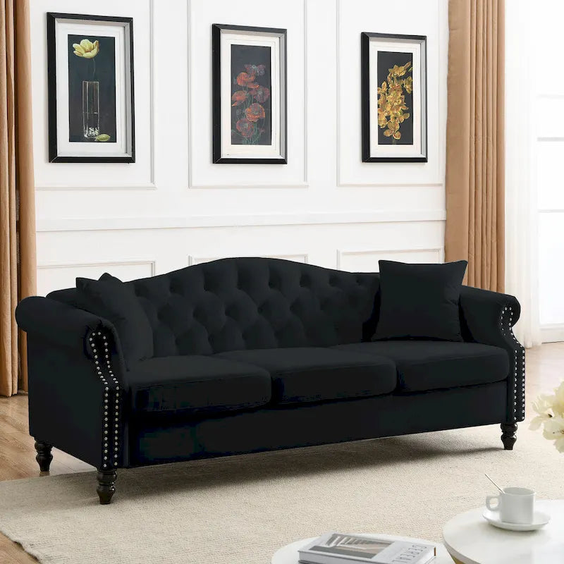 Black Velvet Sofa for Living Room, 3-Seater Tufted Couch with Rolled Arms and Nailhead Trim