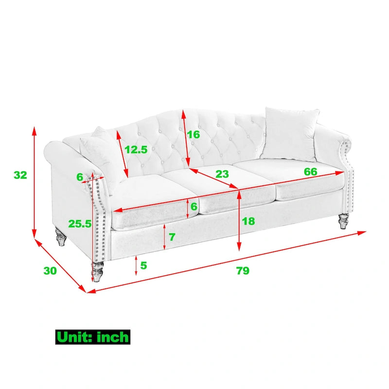 Black Velvet Sofa for Living Room, 3-Seater Tufted Couch with Rolled Arms and Nailhead Trim