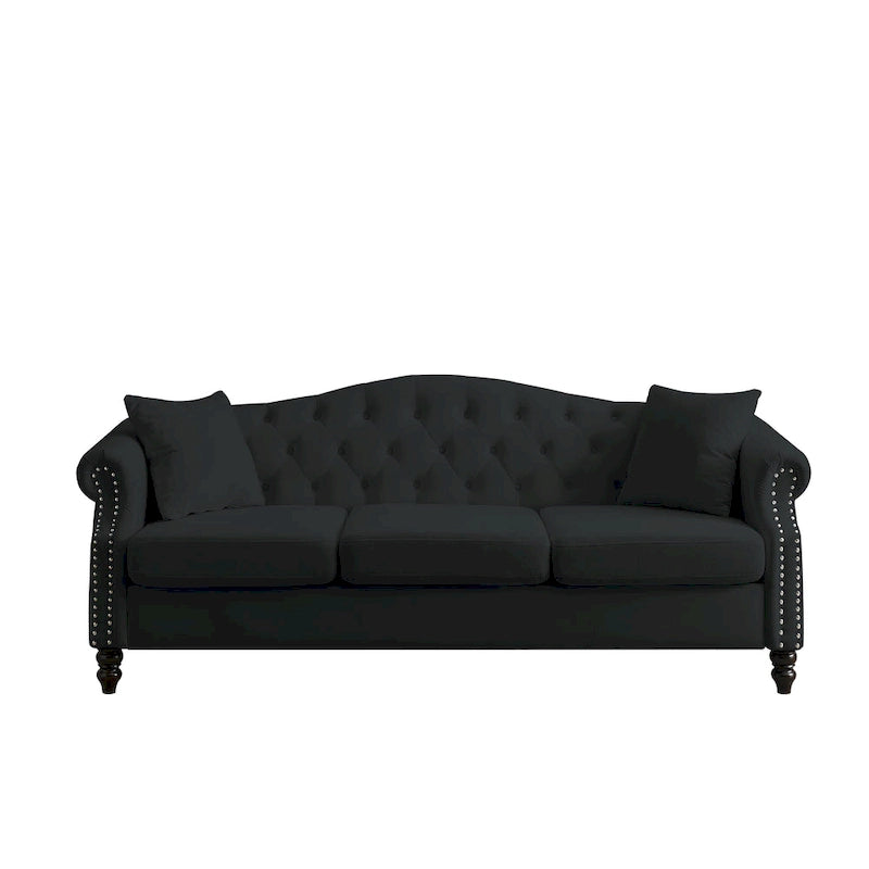 Black Velvet Sofa for Living Room, 3-Seater Tufted Couch with Rolled Arms and Nailhead Trim