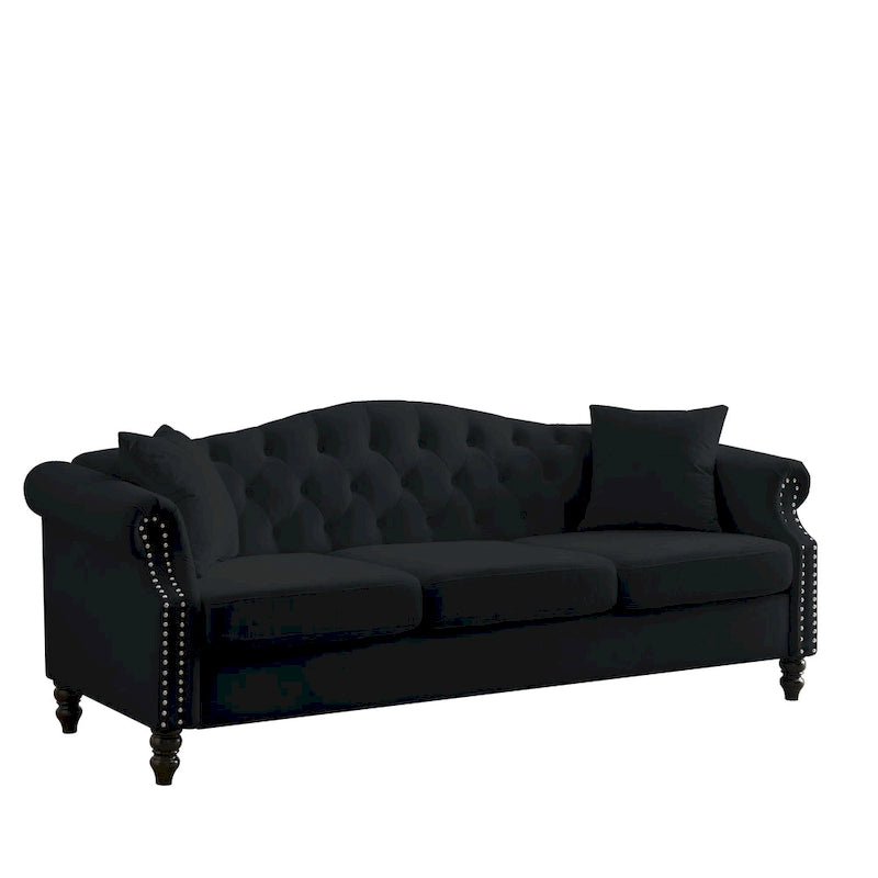 Black Velvet Sofa for Living Room, 3-Seater Tufted Couch with Rolled Arms and Nailhead Trim