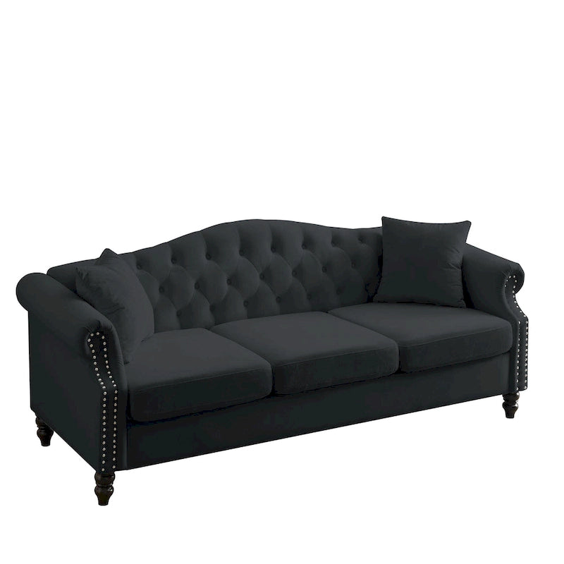 Black Velvet Sofa for Living Room, 3-Seater Tufted Couch with Rolled Arms and Nailhead Trim