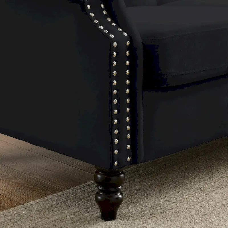 Black Velvet Sofa for Living Room, 3-Seater Tufted Couch with Rolled Arms and Nailhead Trim