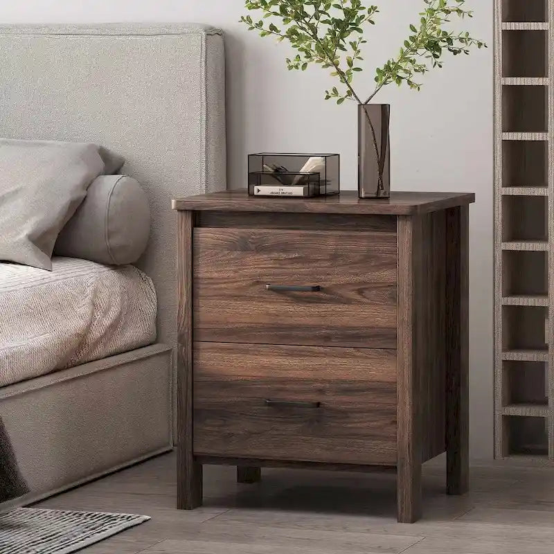 Modern Nightstand with 2 Drawers and Metal Handles