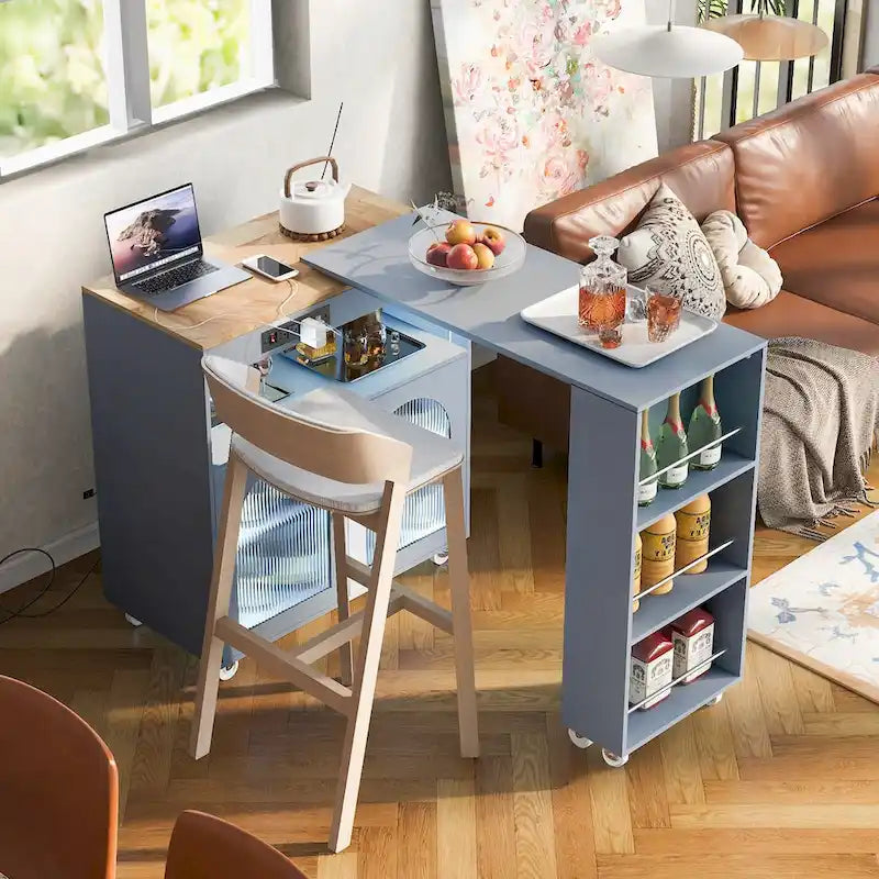 Kitchen Island With Extended Table and LED Lights