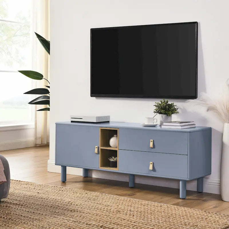 TV Cabinet with Door & Leather Handle Drawers