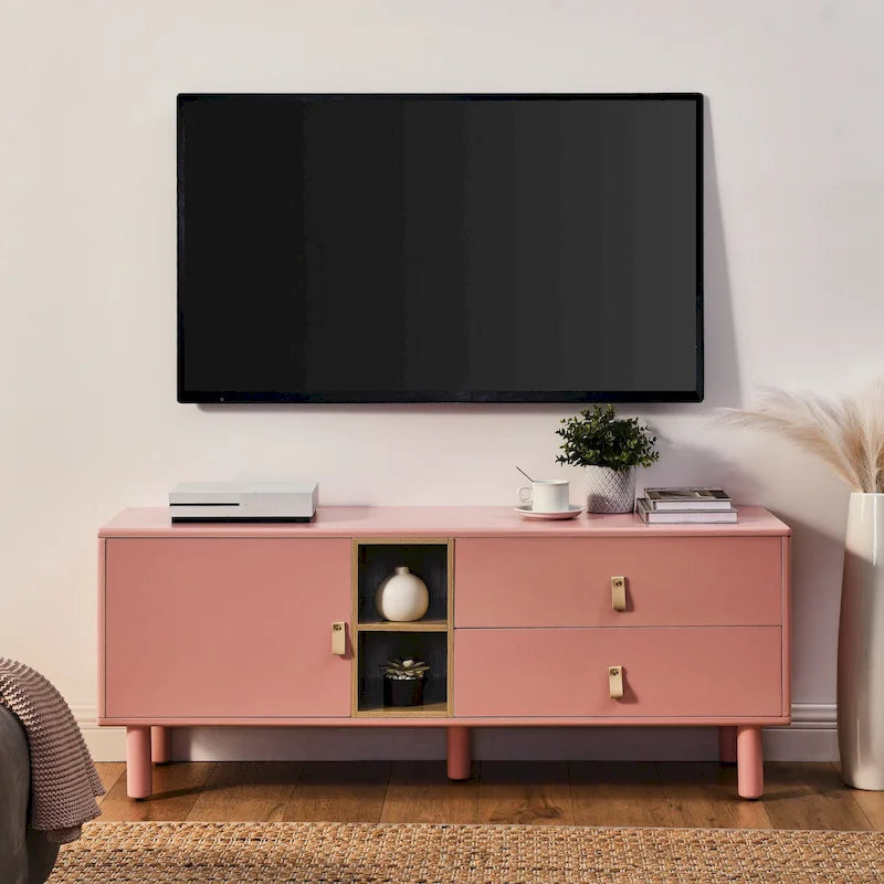 TV Cabinet with Door & Leather Handle Drawers