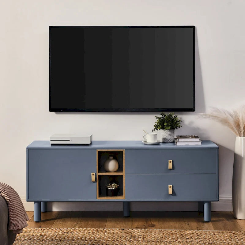 TV Cabinet with Door & Leather Handle Drawers