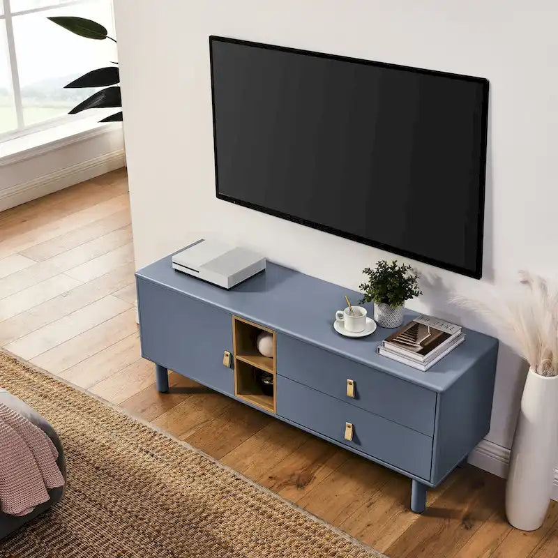 TV Cabinet with Door & Leather Handle Drawers