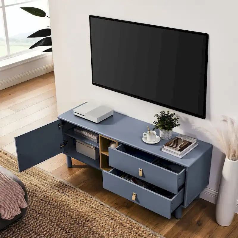 TV Cabinet with Door & Leather Handle Drawers