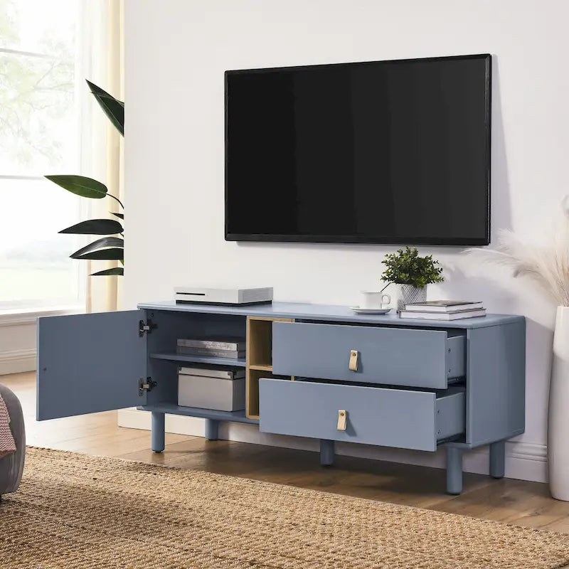 TV Cabinet with Door & Leather Handle Drawers