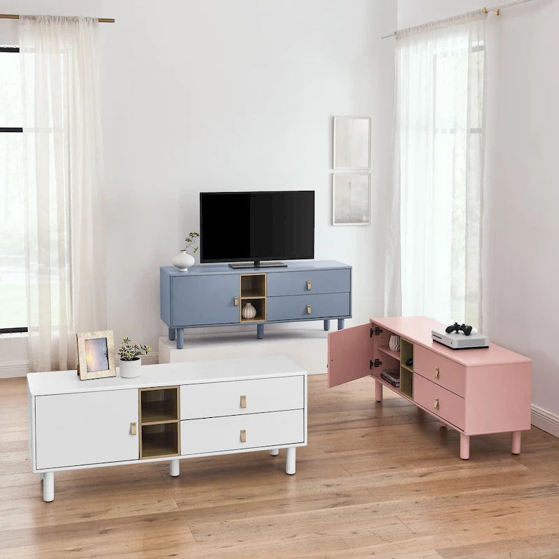 TV Cabinet with Door & Leather Handle Drawers